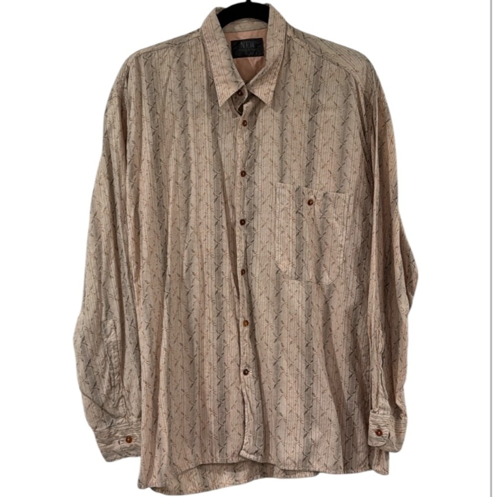 Vintage Italian Ping Pong Pale Pink & Brown Printed Cotton Blend Shirt Size M